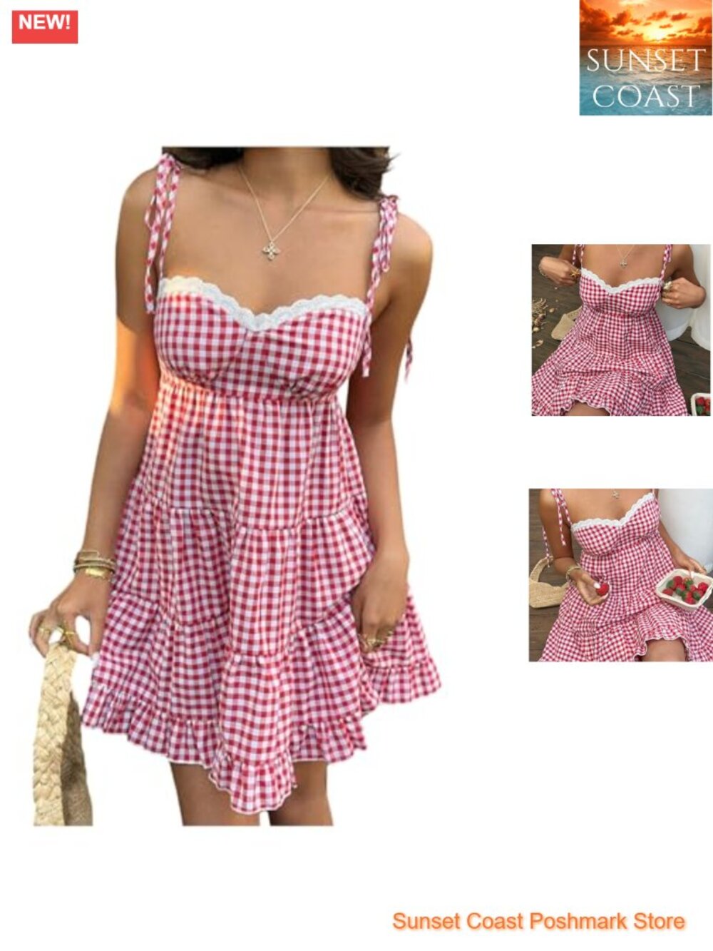 Gingham Fit & Flare Sundress Sleeveless Tie Shoulder Lace Trim